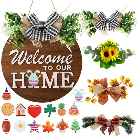 Interchangeable Welcome Sign for Front Door with 4 Seasonal Wreaths and 14 Changeable Icons, Spring Summer Fall Winter Wreath for Farmhouse Front Porch Décor, Seasonal Rustic Wooden Wall home décor