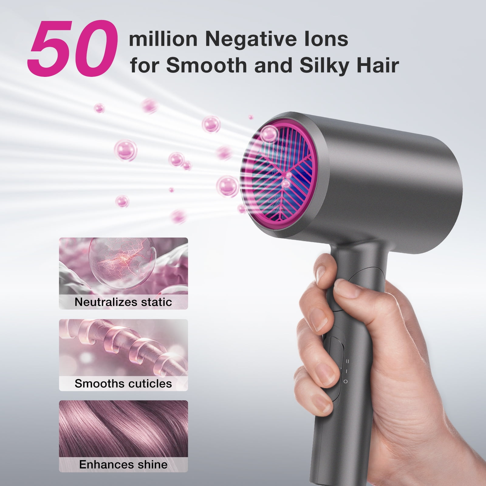 BABONIR Small Ionic Hair Dryer, 1875W Fast Drying, 3 Heat 2 Speed, Foldable, Diffuser Included, for Home and Travel, Gray