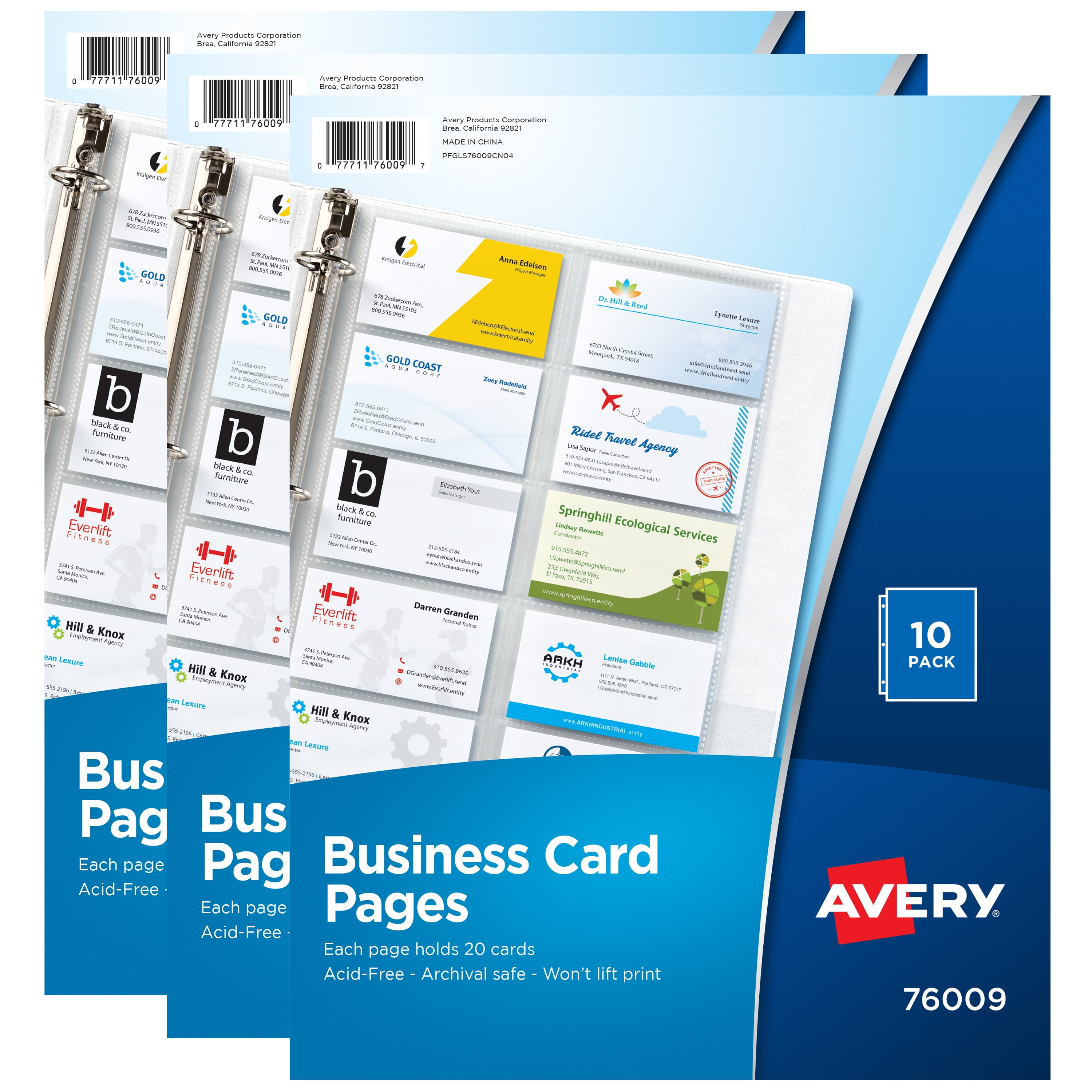 Avery 76009 10-Pack/200 Card Slots Business Card Pages Three-Hole Punched 