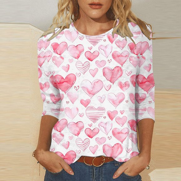 Hot Sale!!Valentines Shirts for Women Cute Love Heart Print Blouses Shirt 3/4 Sleeve Casual Fashion Tunic Tops Valentines Shirts for Women Trendy Tops Funny Lover Blouses Valentines for Her