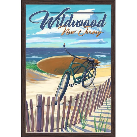 Wildwood, New Jersey - Beach Cruiser on Beach - Lantern Press Artwork (24x36 Giclee Art Print, Gallery Framed, Espresso Wood)