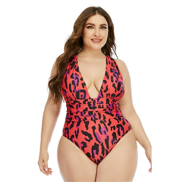 Gæstfrihed gradvist helvede Plus Size Red Leopard Print Deep V One-Piece Swimsuit - Walmart.com