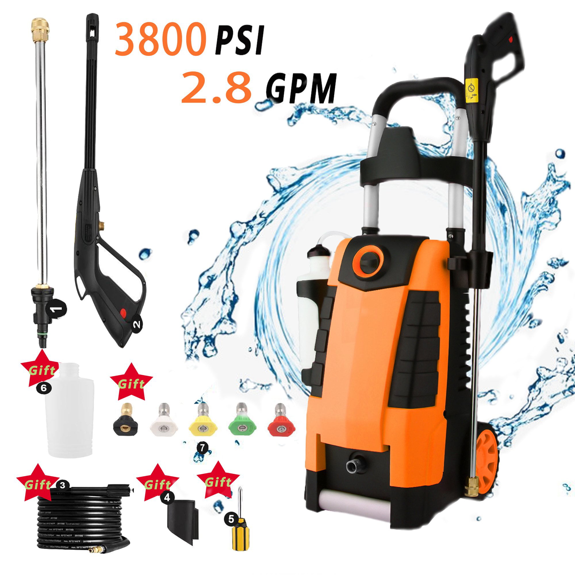 High Pressure Cleaner Machine 2.8GPM High Pressure Power Washer Machine 2000W with Hose Reel+4 Interchangeable Nozzles Red mrliance Pressure Washer 3800PSI 