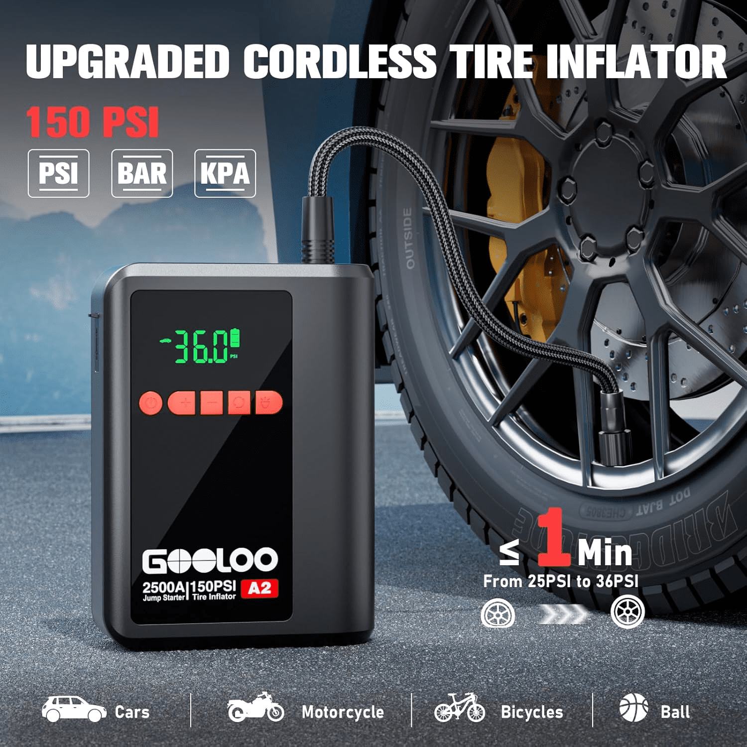 GOOLOO A2 8-in-1 Jump Starter with Air Compressor, 2500A Car Battery Booster (Up to 8L Gas/6L Diesel) 150 PSI Cordless Auto-Shutoff Tire Inflator, 12V Supersafe Lithium Jump Box with Jumper Cables