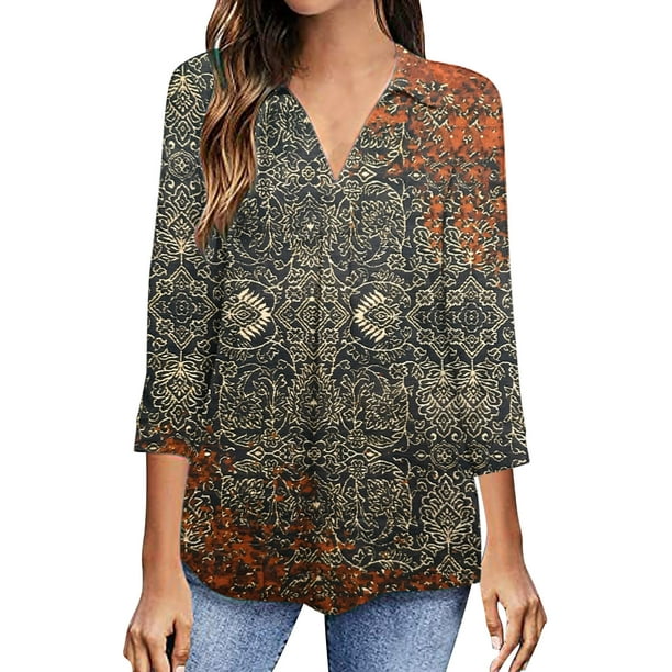 RKSTN Femme Casual Boho Floral Print V Cou Long Sleeve Automne Floral Printing Tops Ample Chemisiers Chemises