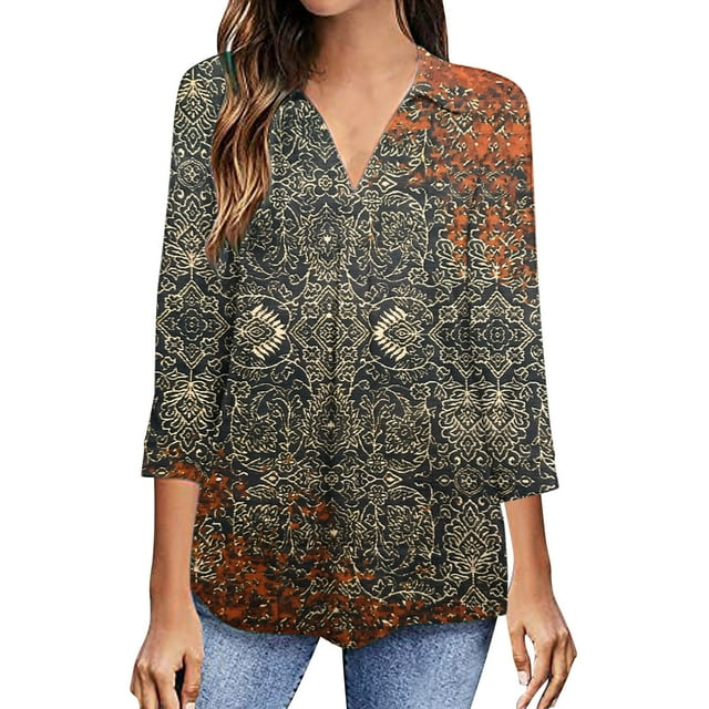 RKSTN Chemisiers Décontractés Boho à Imprimé Floral pour Femmes, Col en V, Manches Longues, Automne, Hauts à Imprimé Floral, Blouses Amples, Chemises