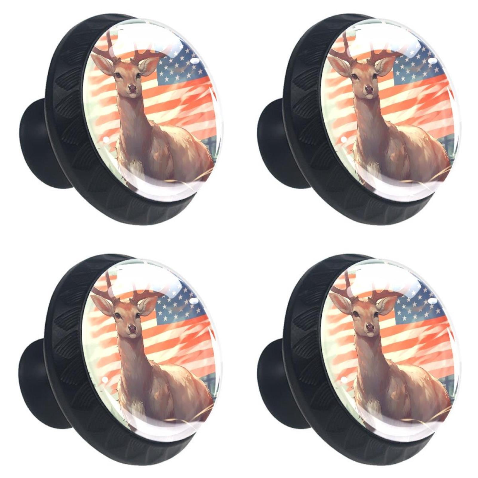 4 Pcs Deer and American Flag Knobs for Kitchen Cabinet Cupboard Dresser Bookcase Drawer Pulls Handles Round Home Decor
