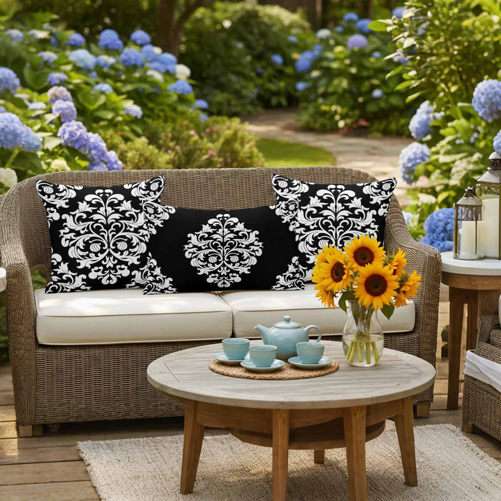 Baroque Black Outdoor Pillow Covers 16x16 Inch Throw Pillow Covers Set of 2 Waterproof Decorative Pillow Cases Vintage Damask Classic Floral Cushion Covers for Patio Furniture Garden Couch Sofa