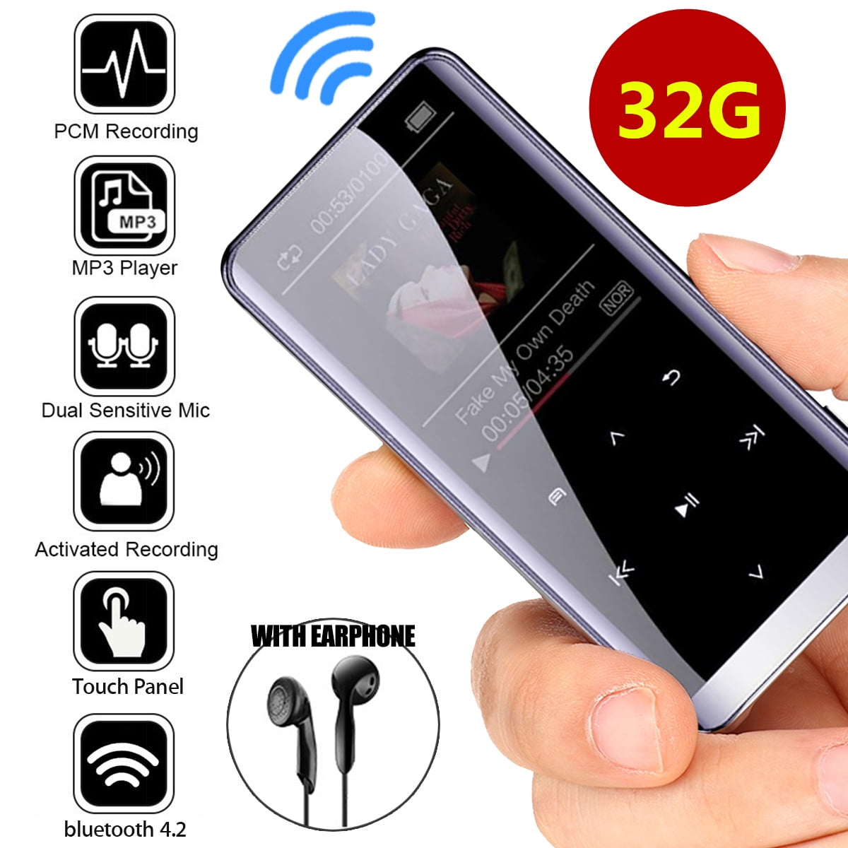64GB MP3 Player Stereo Speaker FM Radio PONOVO Lecteur MP3 with Bluetooth 5.1 Voice Recorder Mini Sports Music Player with Clip 