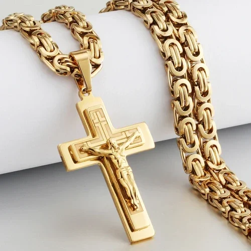 Orthodox Crucifix Jesus Christ Cross Pendant Necklace 14K Yellow Gold Byzantine Chain Necklaces Jewelry for Men