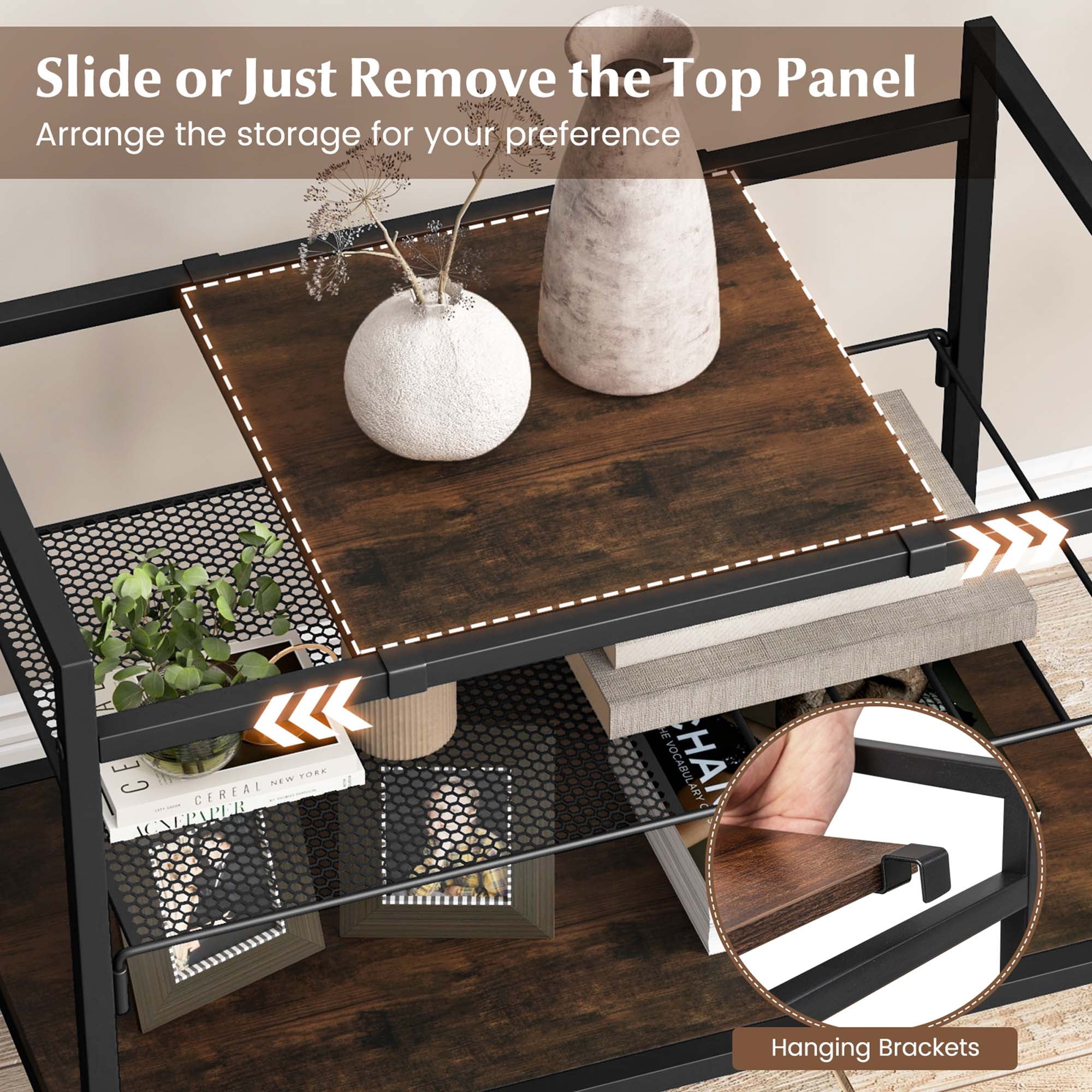 Costway Industrial Entryway Table 3-Tier Sofa Side Table with Removable Panel & Mesh Shelf