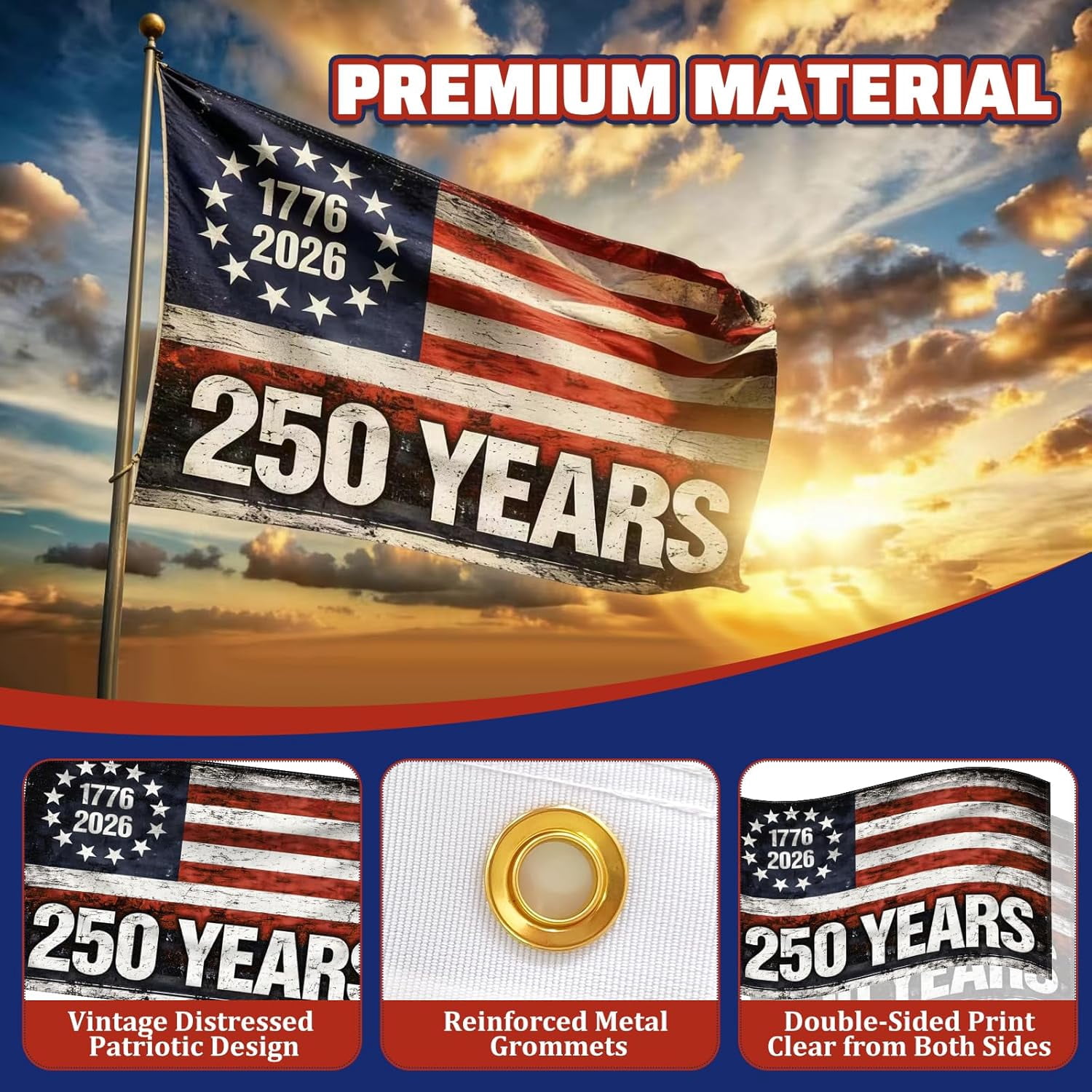 3x5 FT 250 Years Double Sided American Flag, 1776–2026 USA Flag for 250th Anniversary Birthday, Vintage Stars Patriotic Outdoor Indoor Flag for Home Yard Porch Wall Independence Day Decorations