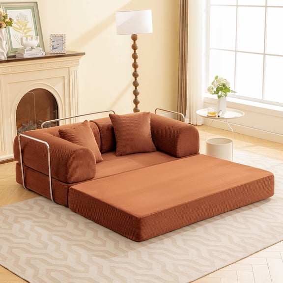 COOLHUT 63" W Combination Sofa, High Rebound Density Foam Sofa Couch, Two Forms Floor Couch Three Seats Sofa Bed for Living Room, Bedroom, Pumpkin Brown