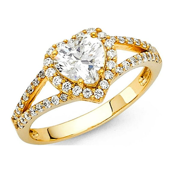 14k Yellow Gold Heart Halo CZ Engagement Ring Anniversary Heart Solitaire CZ Ring Side Stones Size 7