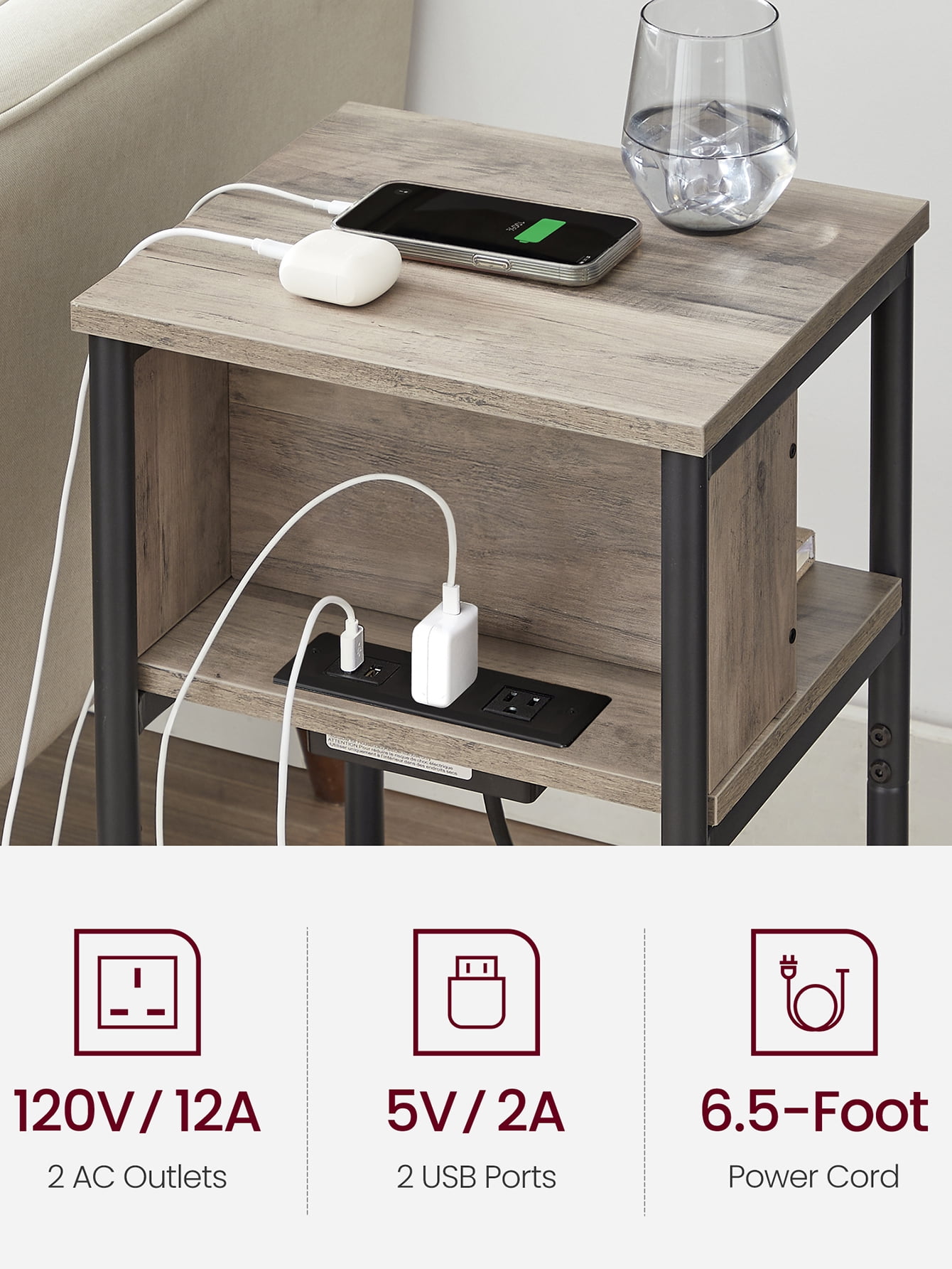 End Side Table with Charging Station 3-Tier End Table with USB Ports and Outlets Nightstand for Living Room Bedroom Greige and Black