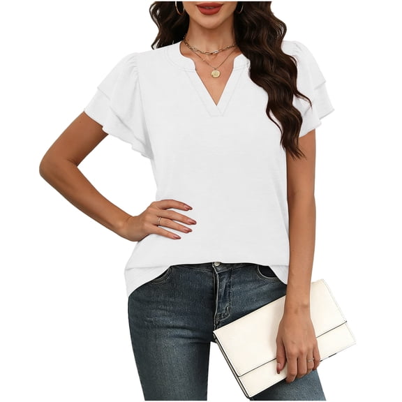 ClodeEU Short Sleeve Blouses Petal Ruffle V Neck Shirts ,Work Tops Busines Office Shirts White,Womens Plus L