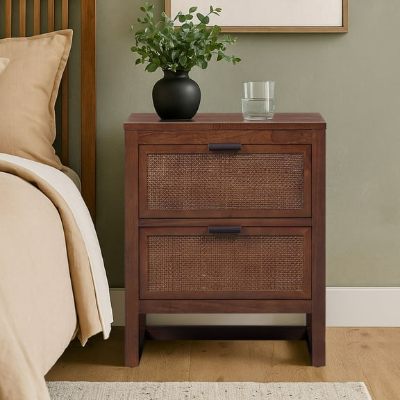 Teamson Home Hatteras Modern 2-Drawer Nightstand with Natural Rattan and Solid Wood Frame