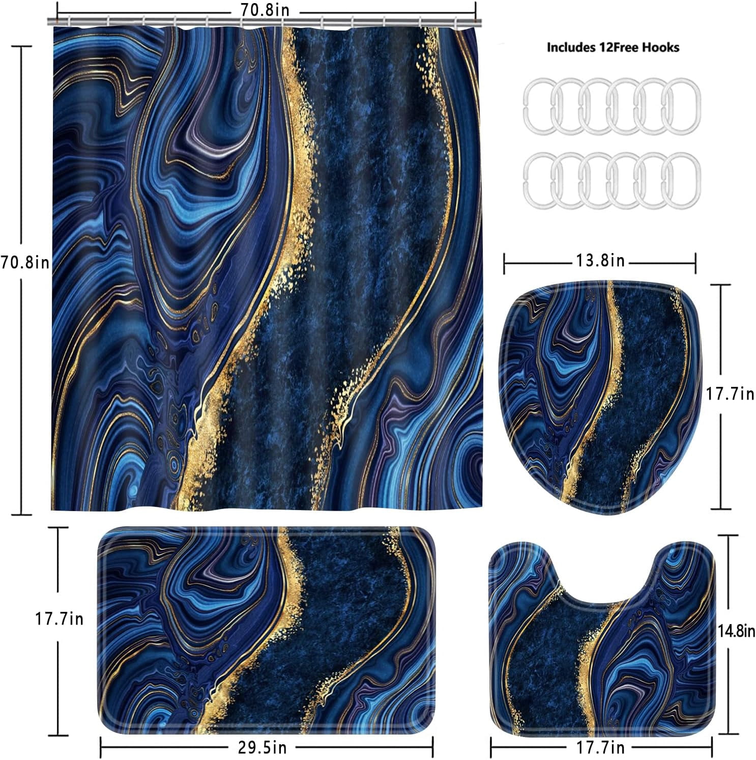 4 Pcs Black Marble Shower Curtain Sets with Rugs Gold Bathroom Sets with Shower Curtain and Rugs Modern Abstract Bathroom Decor Accessories Shower Curtains for Bathroom Toilet Lid Cover