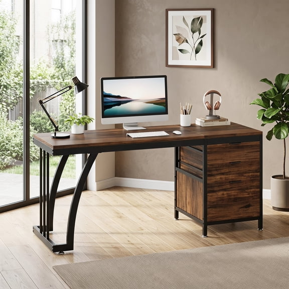Fnova 59'' Computer Desk, Home Office Writing Table with 3 Reversible Drawers, Industrial File Storage Desk, Sturdy Metal Frame with Adjustable Feet, for Home Office & Study