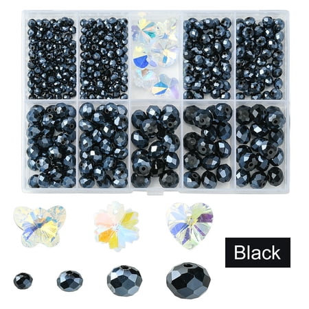 1 Set DIY Glass Beads Charms Jewelry Making Finding Kit Faceted Rondelle Butterfly Heart Flower Black 4~14x3~7.5mm Hole: 0.3~1.6mm