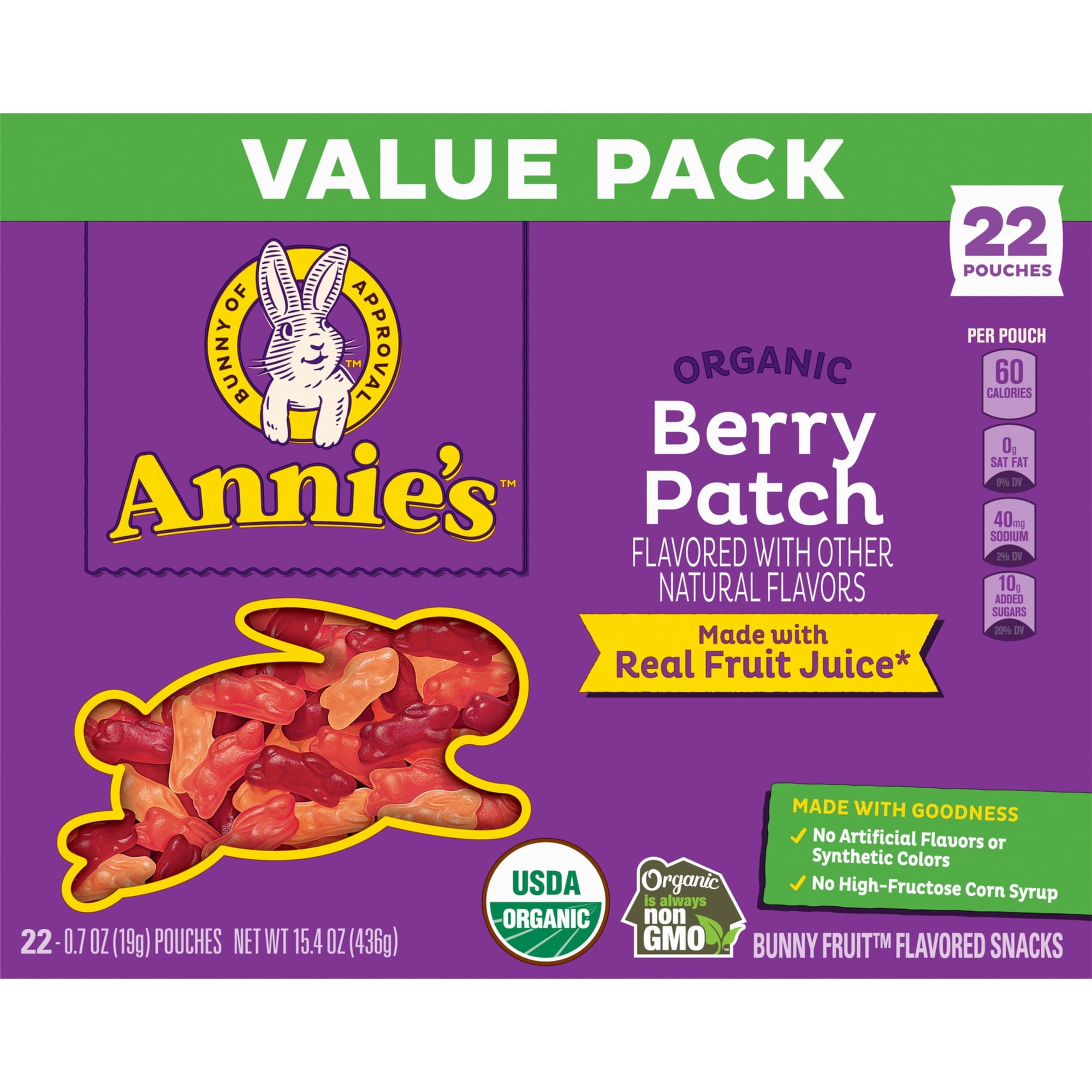Annie's Organic Berry Patch Bunny Fruit Flavored Snacks, Value Pack, 22 Pouches, 15.4 oz box