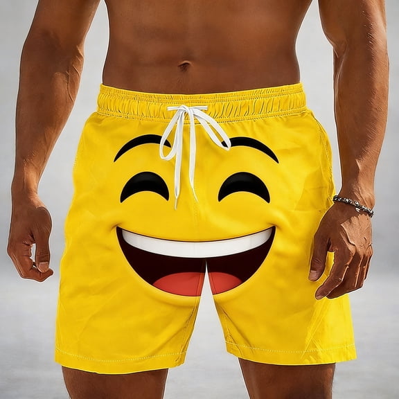 Hfnxid Mens Beach Shorts Big and Tall Quick Dry Short Trouser Elastic Waist Printed Lounge Pant Summer Casual Drawstring Vacation Trouser Yellow M