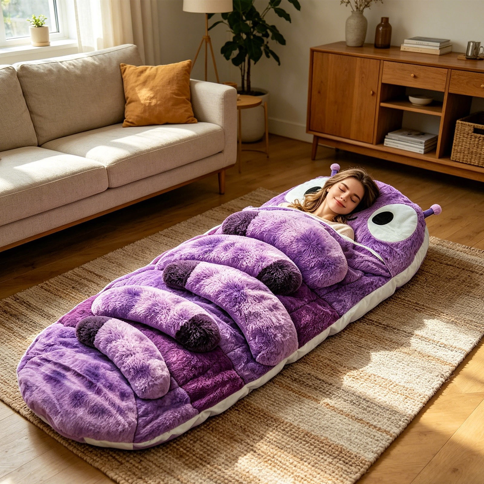 Hugging Caterpillar Sleeping Bags, 75 Inch Plush Cocoon Sleeping Bag with Adjustable Pull Cord for Adults, Indoor Nap Pod, Cozy Reading Nest with Full-Body Hug Feel(Purple)