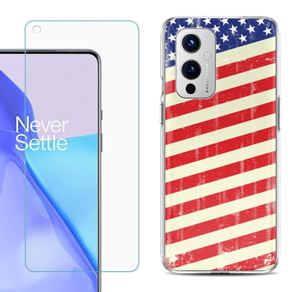 Slim-Fit TPU Phone Case Compatible with OnePlus 9 5G, with Tempered Glass Screen Protector, by OneToughShield  - Flag / USA