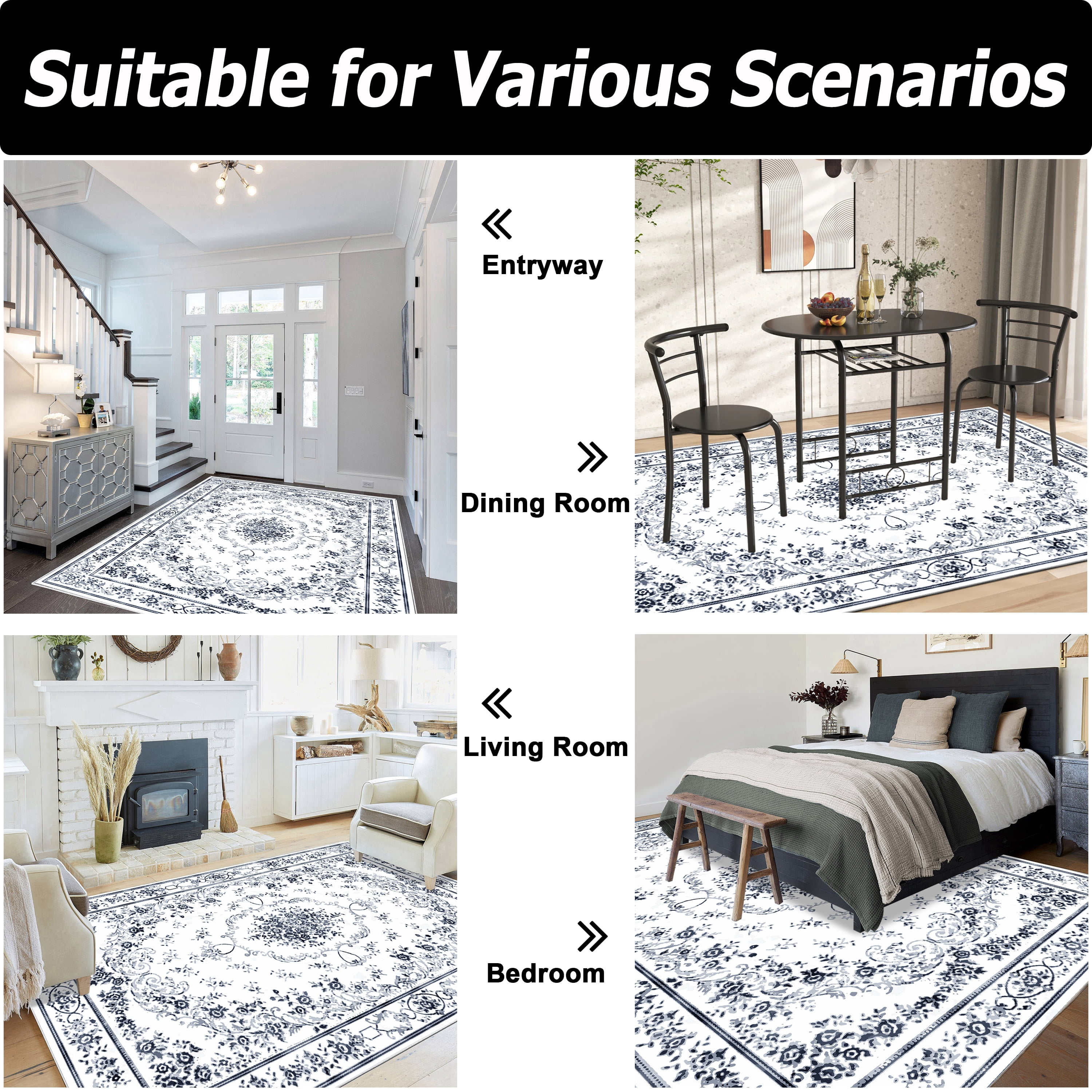 Artnice Vintage Floral Washable Rugs, Gray Area Rugs for Living Room 8x10, Soft Faux Wool Room Rug Non Slip Indoor Carpet Mats for Home Decor