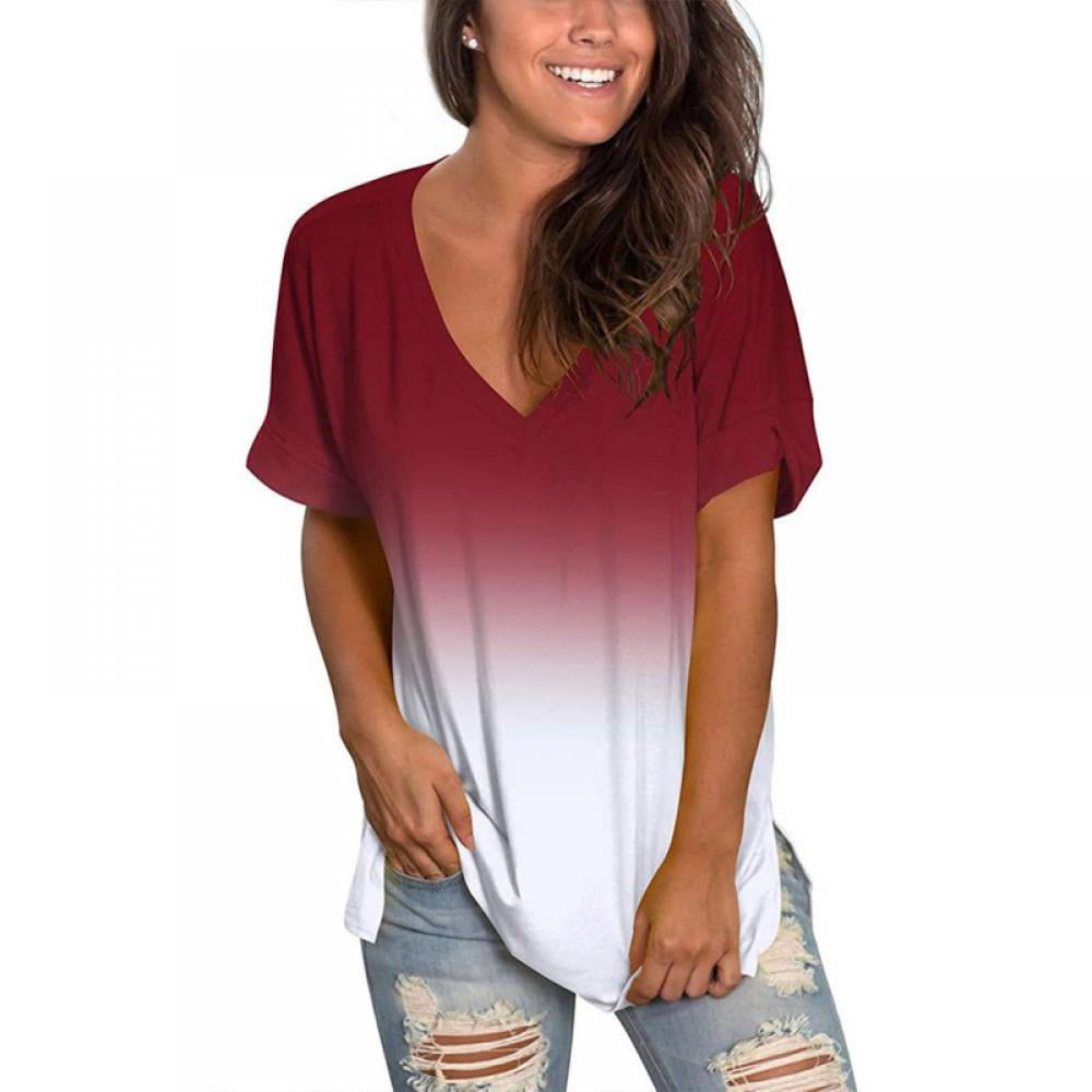 Women's V Neck T Shirts Casual Gradient Tops Blouse Tunic Drop Tail Hem Relaxed Fit Tees Summer Tops for Women Long Sleeve 