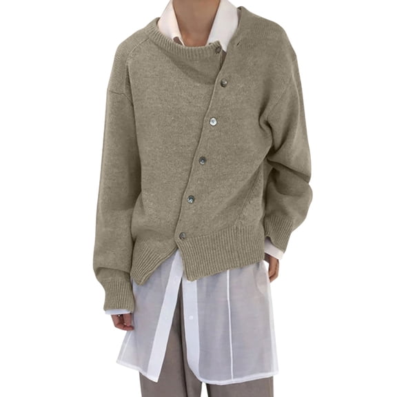 Loose Fit Women's Knit Cardigan Round Neck Asymmetrical Button Solid Color Tops