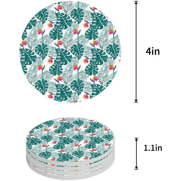 POGLIP Tropical Green Leaves Set of 4 Round Coaster for Drinks