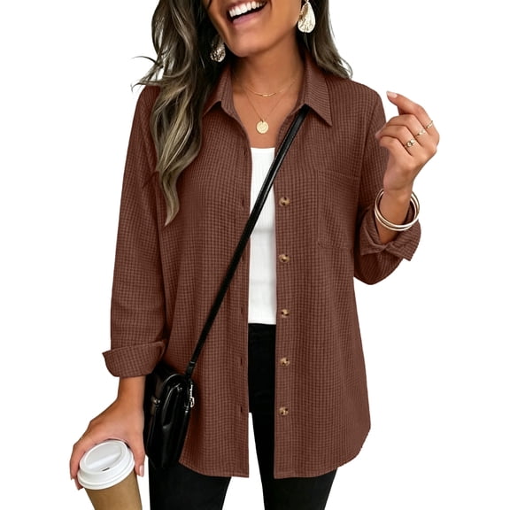 Waffle Knit Shacket for Women 2026 Long Sleeve Button Down Shirts Collared Business Casual Fall Tops with Chest Pocket