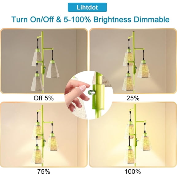 YJYASX-68IN Dimmable Floor Lamp for Living Room, Industrial 3-Light Tree Floor Lamps with LED E26 Bulbs Included, Mid Century Floor Lamp with Fabric Patterned Lampshades for Bedroom Hom Office-Green