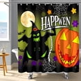 thumbnail image 1 of Whimsical Halloween Shower Curtain with Grinning Witch Bats & Spooky Decor - "Happwen" Design, 1 of 5