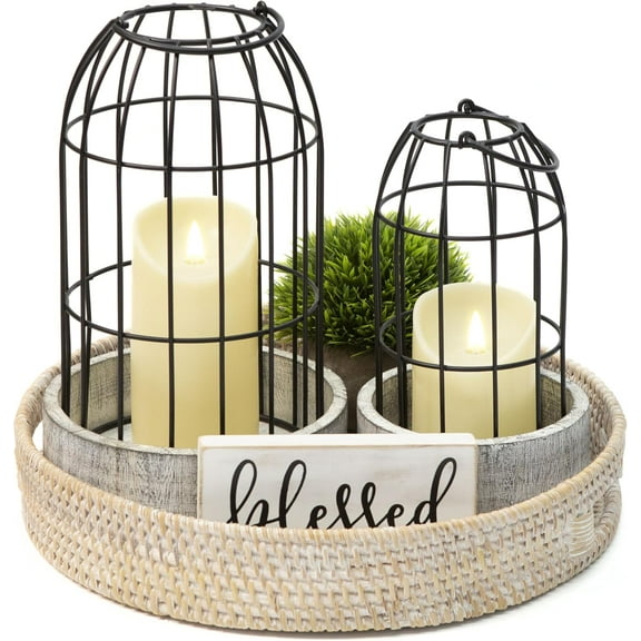 Farmhouse Lantern Decor, Candle Lantern Decorative for Home Decor, Rustic Lantern Candle Holder Set of 2 for Living Room, Wooden Centerpieces for Kitchen Dining Table, Ideal Gift (White)