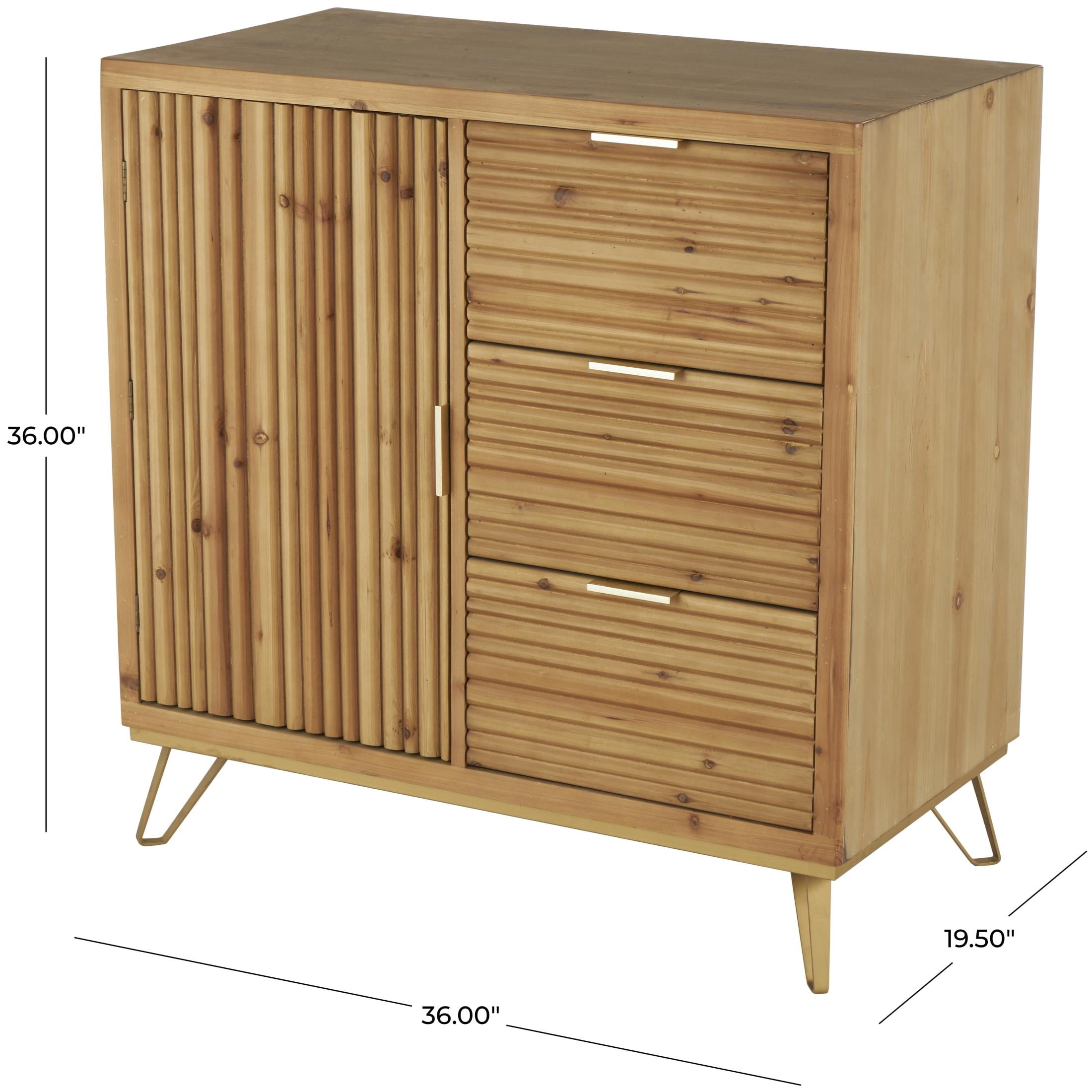 DecMode 36" x 36" Brown Wooden Ribbed 1 Door and 3 Drawer Cabinet with Gold Metal Handles, 1-Piece