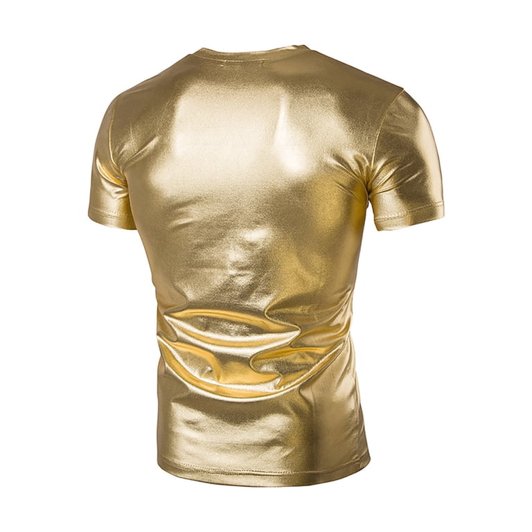 YONGHS Men's Liquid Shiny Metallic V-Neck Short Sleeve T-Shirt for