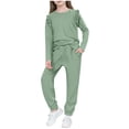 thumbnail image 2 of BRGZLK Kids Girls Clothes Stylish Lightweight Solid Color Round Neck Ruffled Sleeve Long Sleeve Tops and Elastic Waist Long Pants with Pockets Loungewear 2 Piece Outfits Green 6-7 Years, 2 of 5