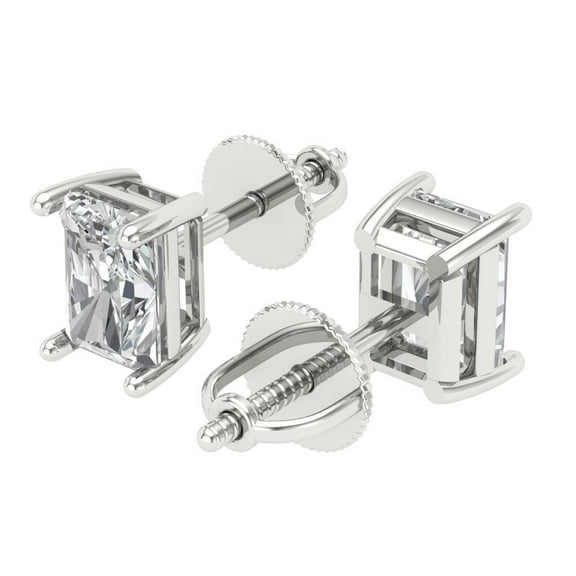 2 Ct Emerald Cut Studs Clear Crystal 14K White Solid Gold Everyday Dainty Earrings Screw Back