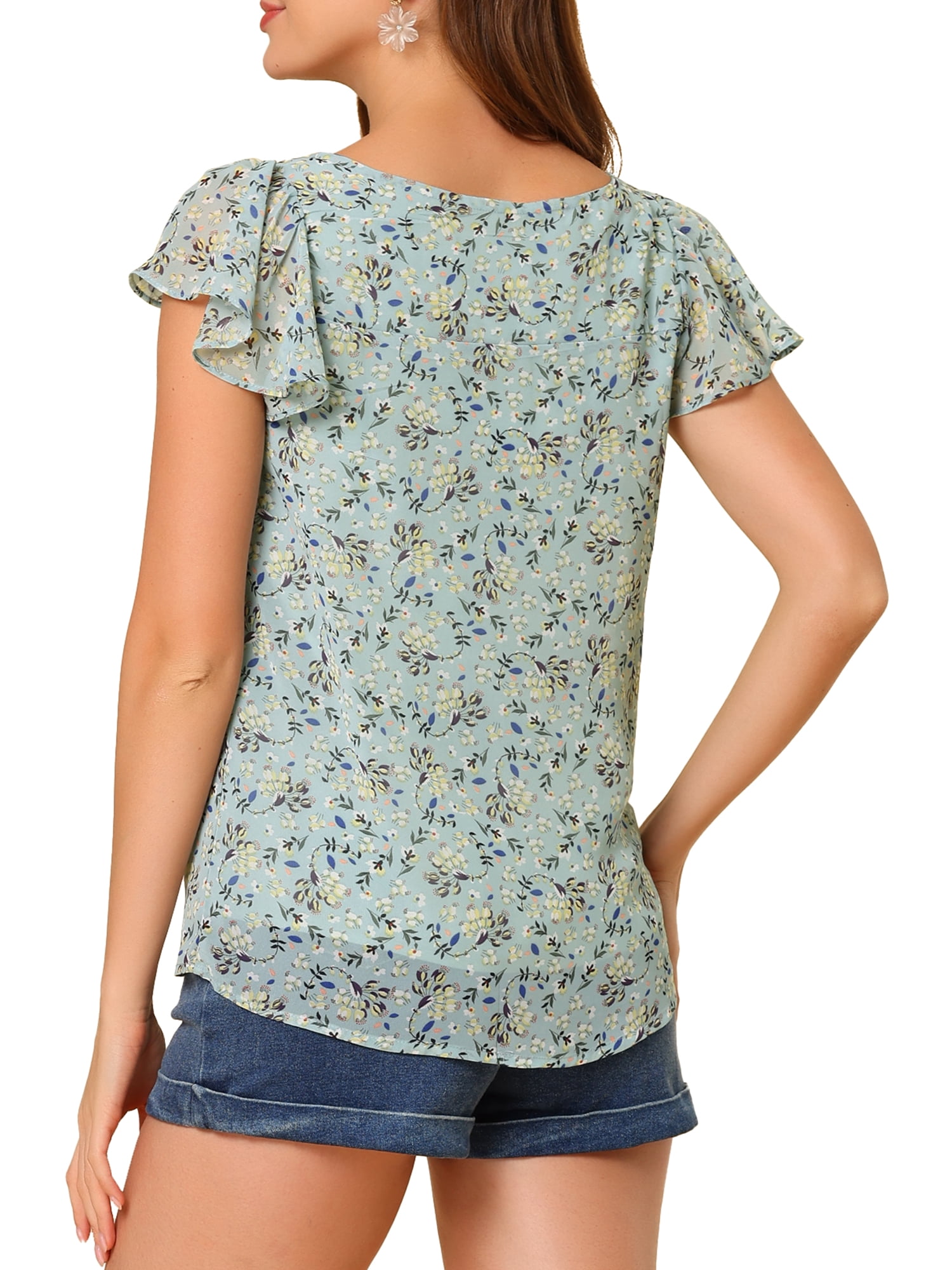 Unique Bargains Women's Square Neck Floral Ruffle Sleeve Chiffon Blouse Top S Mint Green Floral