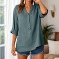 thumbnail image 2 of felwors Women's Relaxed Fit Short Sleeve Linen Like V Neck Blouse with Front Pocket Button Detail Roll Up Sleeves Casual Summer Beach Daily Top (Green, L), 2 of 7