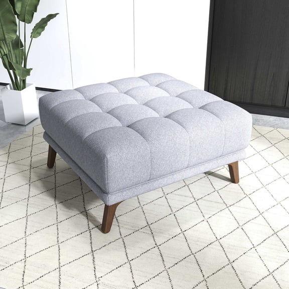 Square Upholstered Ottoman with Tufted Design, Light Gray Linen Footrest and Coffee Table for Living Room
