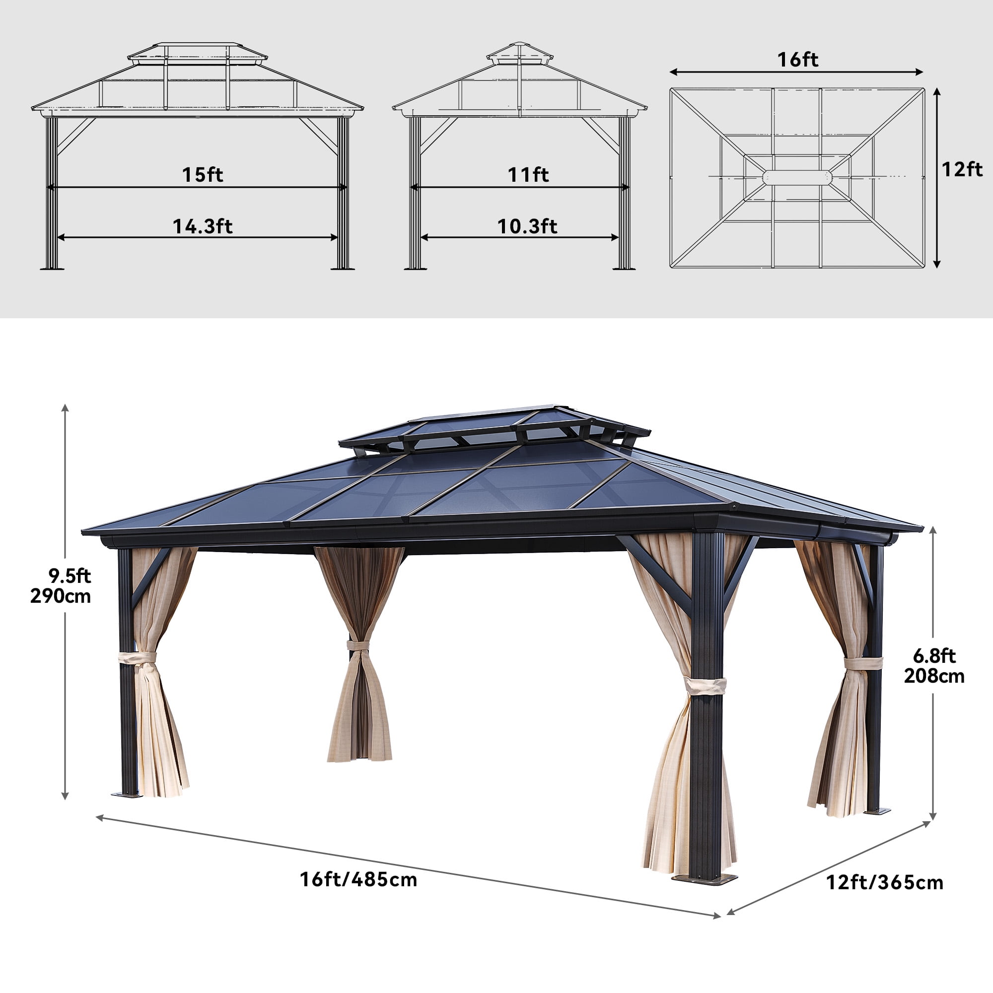 Dextrus Dextrus 12x16FT Gazebo Hard-Top Double Roof Canopy Outdoor with Netting and Shaded Curtains, Aluminum Frame Hardtop Garden Tent for Patio, Backyard, Deck and Lawns