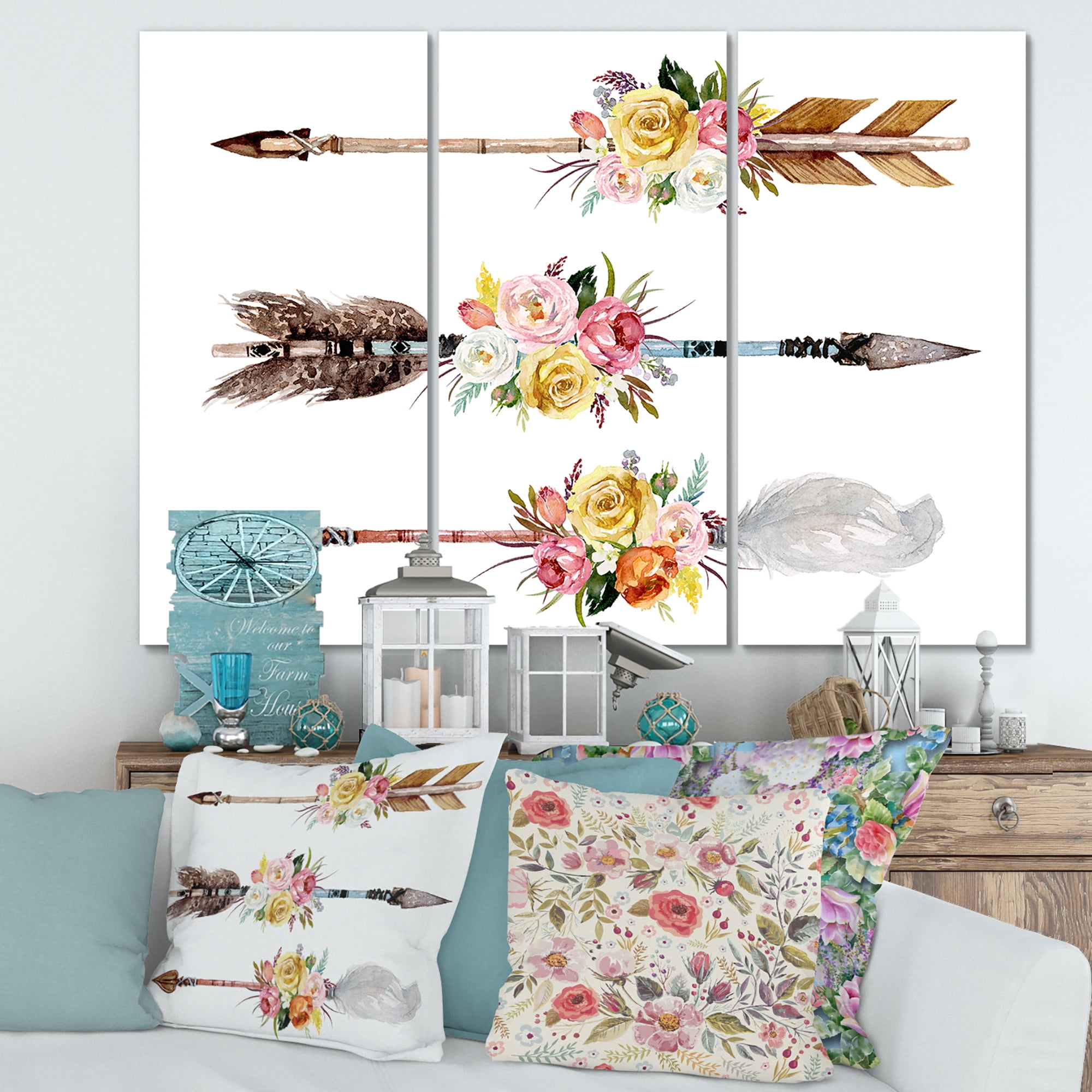 Flowers and Ethnic Feathers On Native Arrows II 28 in x 36 in Painting Canvas Art Print, by Designart