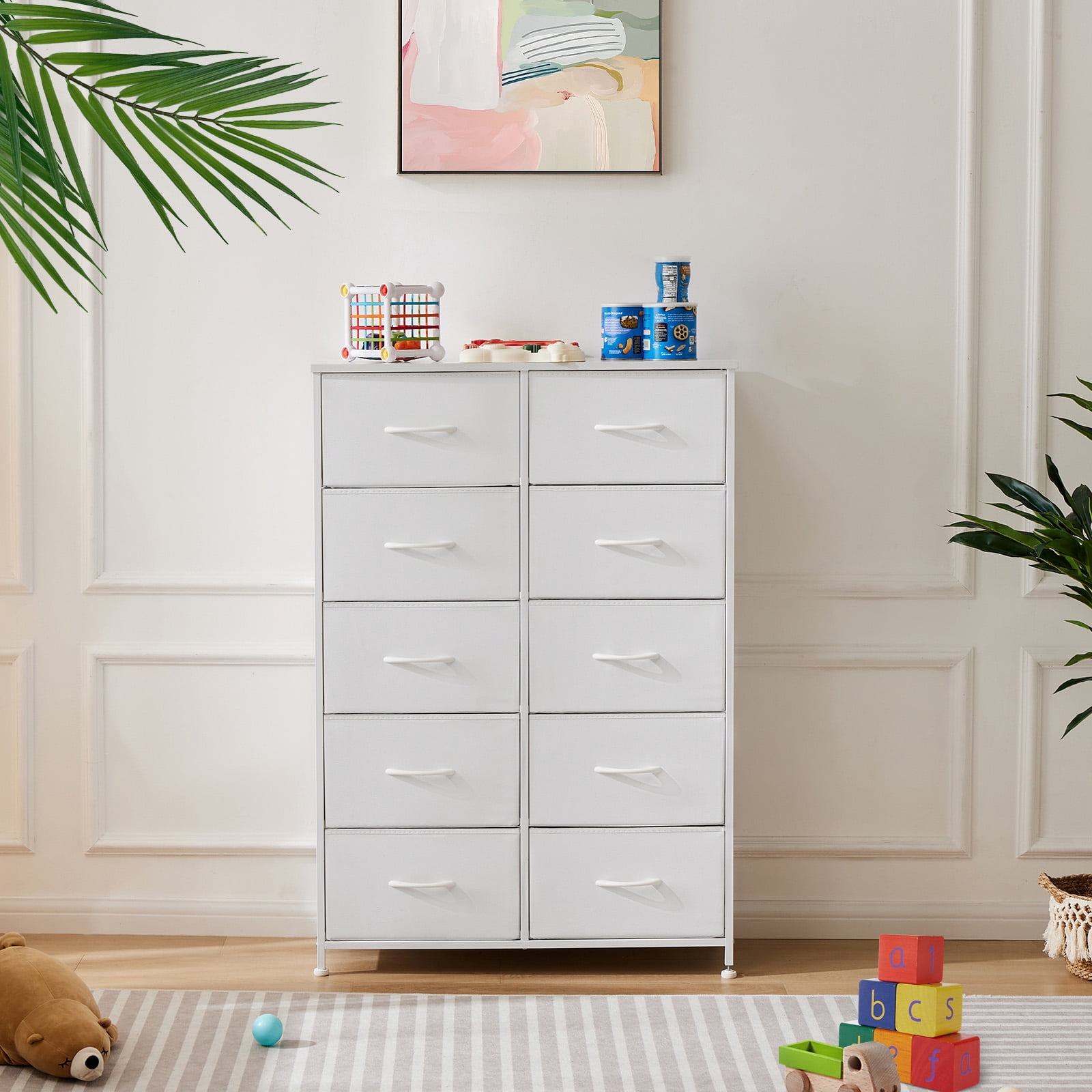 GIANNA 10 Drawer Dresser for Bedroom, Tall Chest Organizer with Fabric Bins, Freestanding Storage Cabinet, White