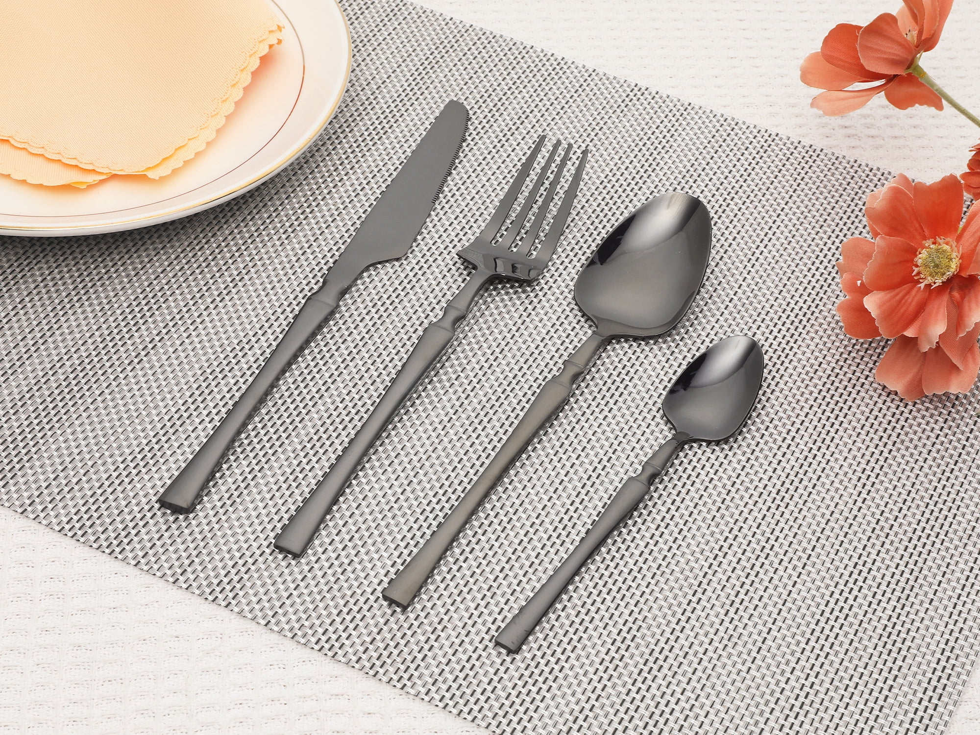 Unique Bargains 24 Pieces Silverware Set Stainless Steel Serving Utensils Set Black