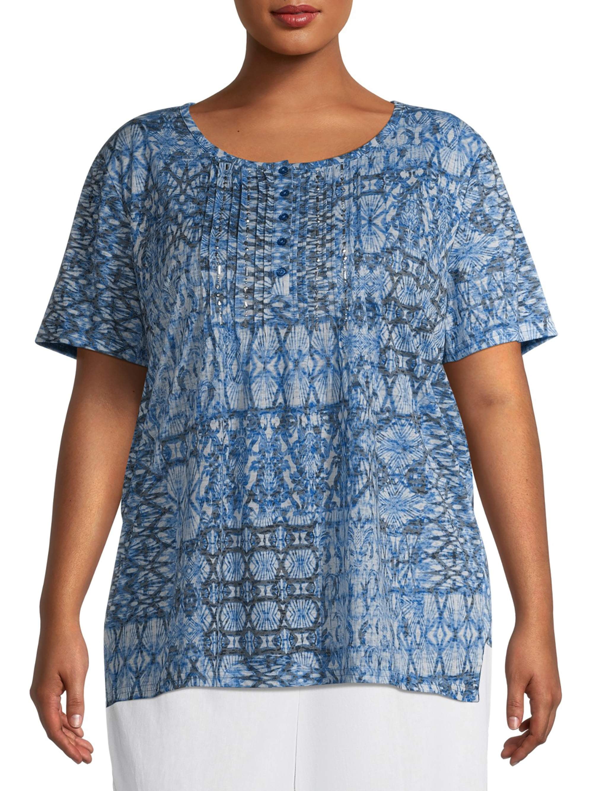 Erika Women's Plus Size Reese Patterned Short Sleeve Scoopneck Top