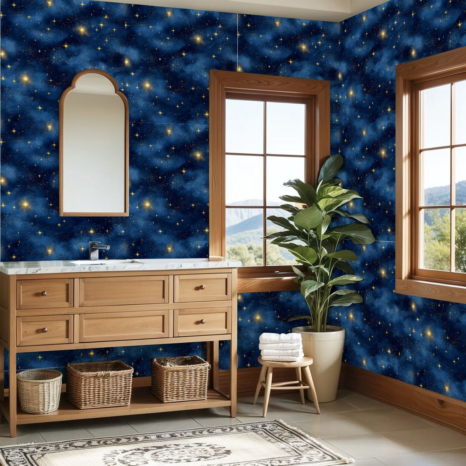 Peel and Stick Wallpaper Starry Night Sky Glowing Golden Stars Blue Nebula Clouds Wall Mural 23.6in x 9.8ft Self Adhesive Removable Wall Paper Renter Friendly Wallpaper for Nursery Bedroom