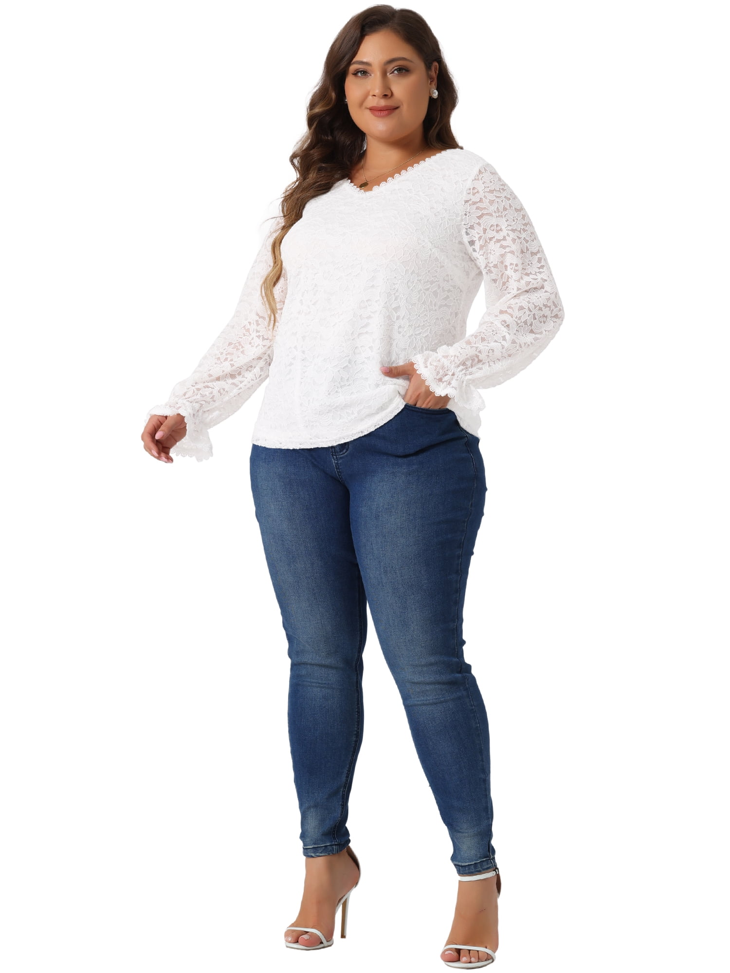 DARING DIVA Women's Plus Lace V Neck Long Sleeve Blouse 1X White